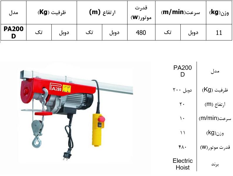  وینچ بکسلی (جرثقیل برقی) تک فاز مدل PA200D 