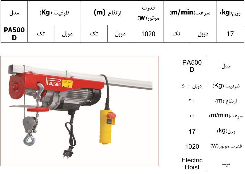  وینچ بکسلی (جرثقیل برقی) تک فاز مدل PA500D 