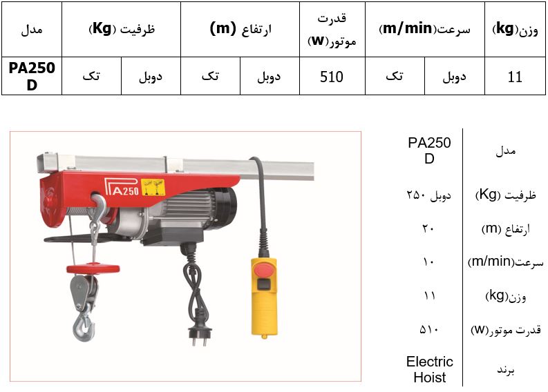  وینچ بکسلی (جرثقیل برقی) تک فاز مدل PA250D 