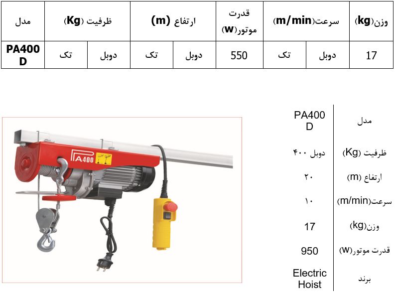  وینچ بکسلی (جرثقیل برقی) تک فاز مدل PA400D 