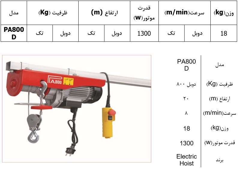  وینچ بکسلی (جرثقیل برقی) تک فاز مدل PA800D 